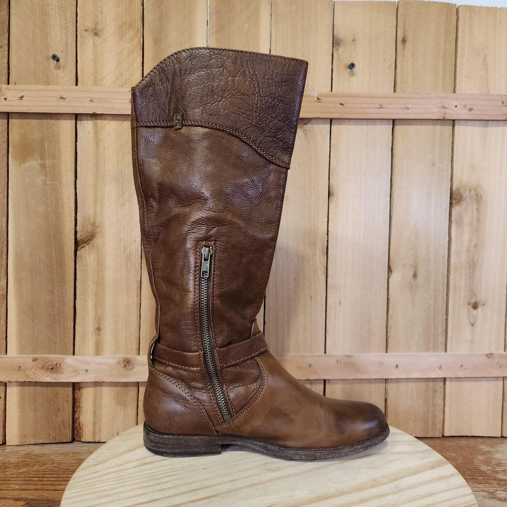 Frye Phillip Riding Boots Womens 8.5 B Brown Leather Knee High Side Zip Buckle